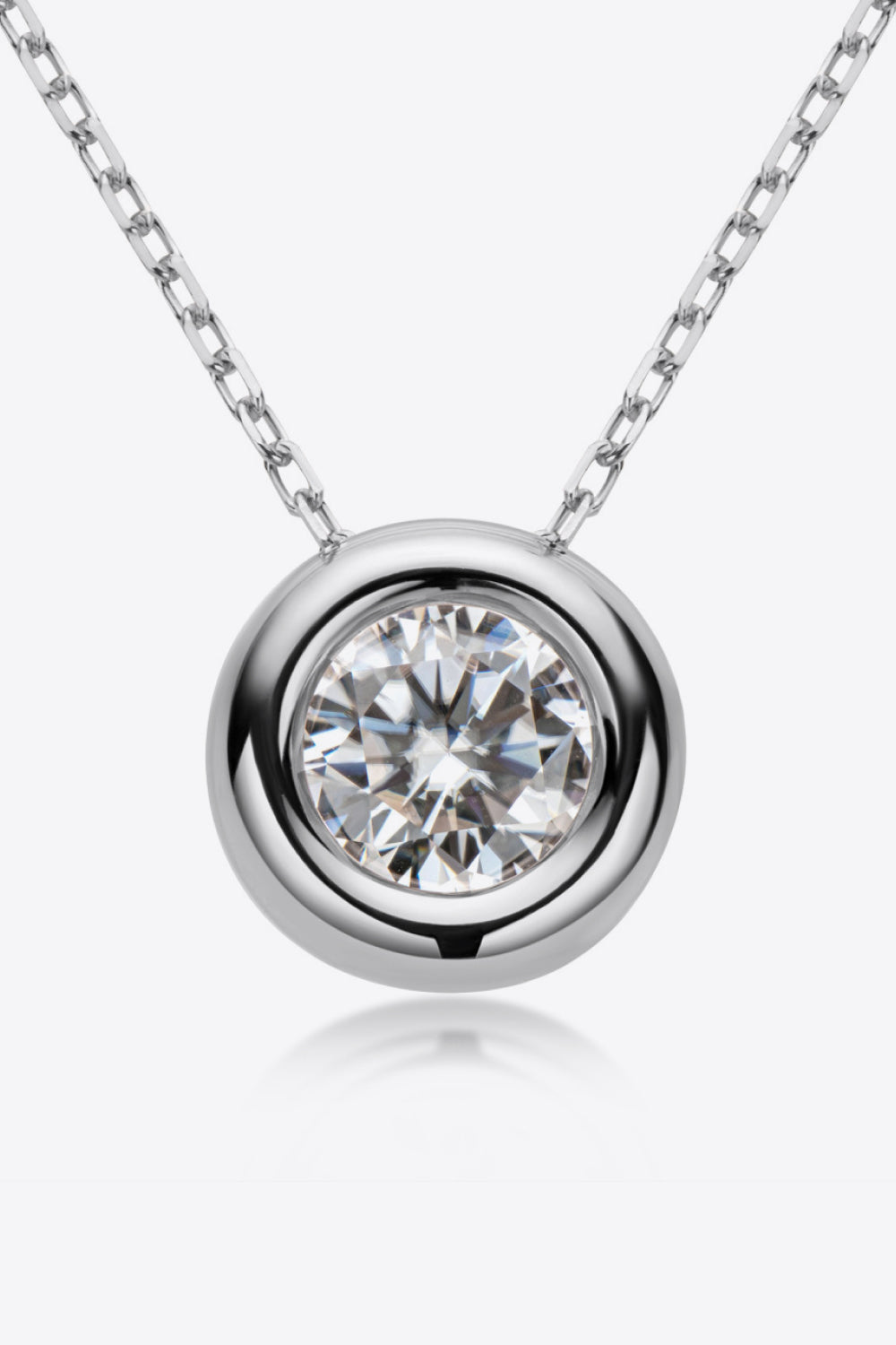 Silver bezel-set moissanite solitaire necklace with a delicate chain
