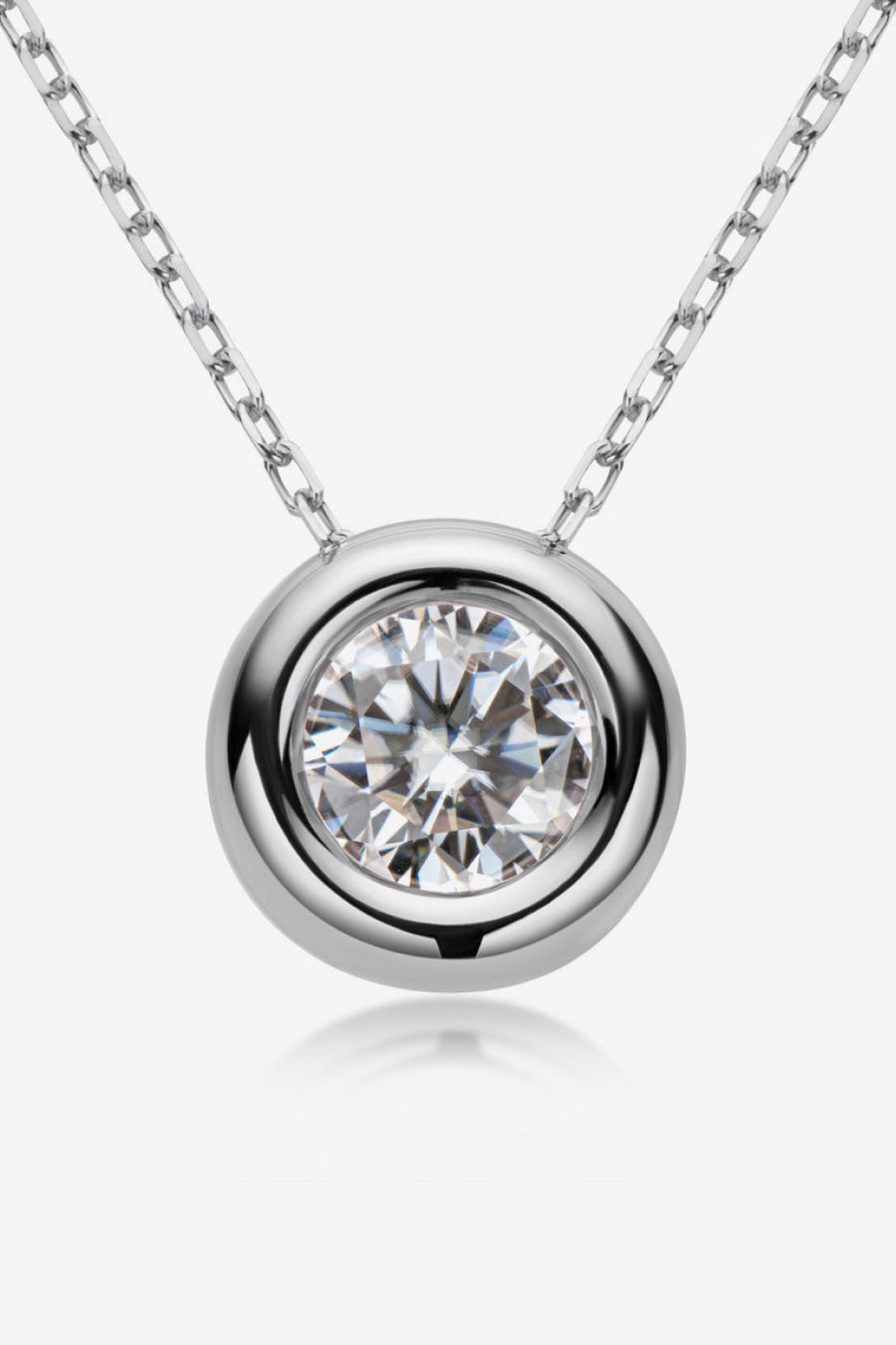 Silver bezel-set moissanite solitaire necklace with a delicate chain
