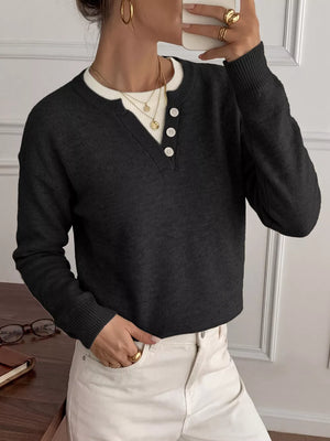Black relaxed pullover sweater with henley