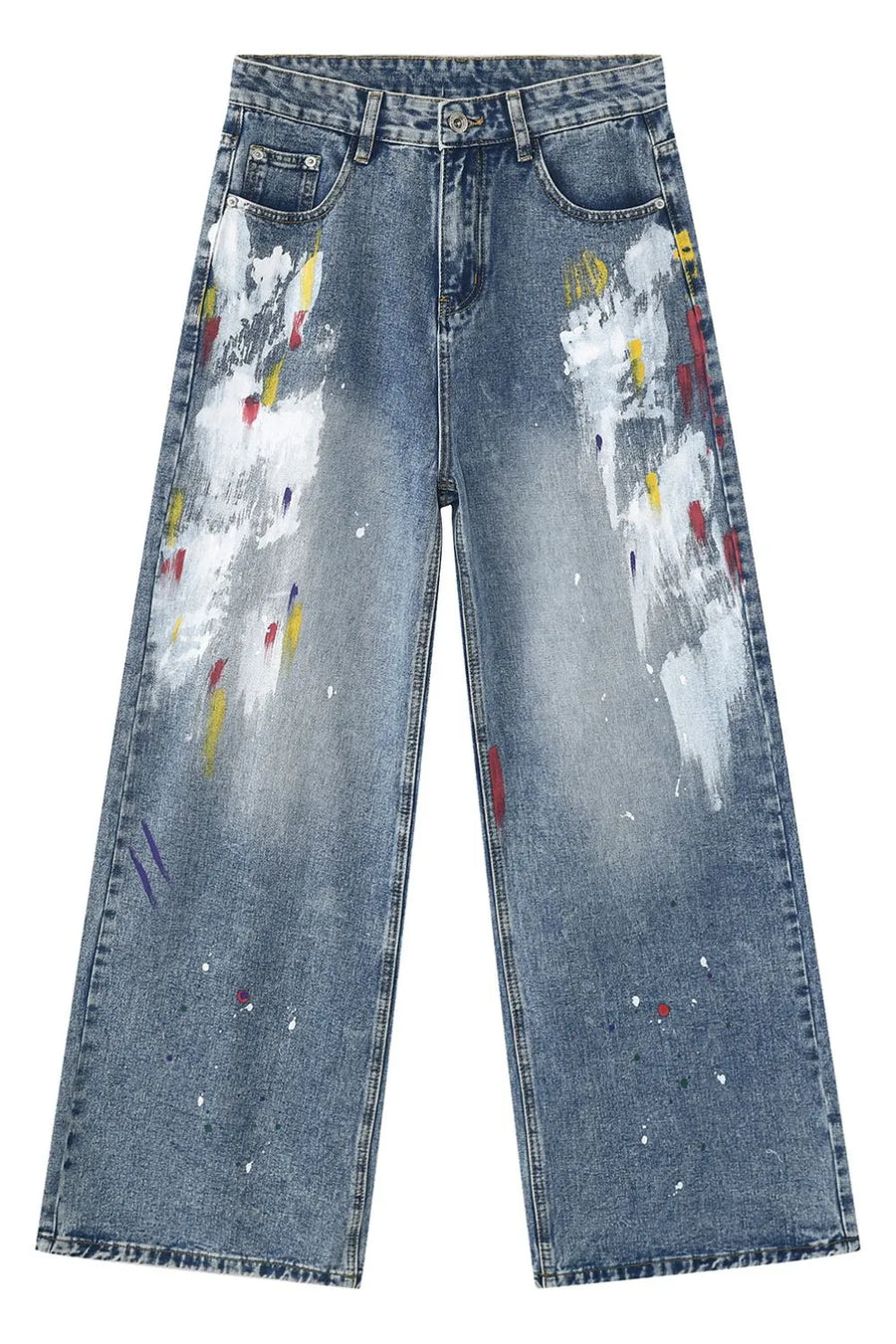 Painterly wash wide-leg denim trousers in medium blue with artistic paint splatters and brushstrokes.