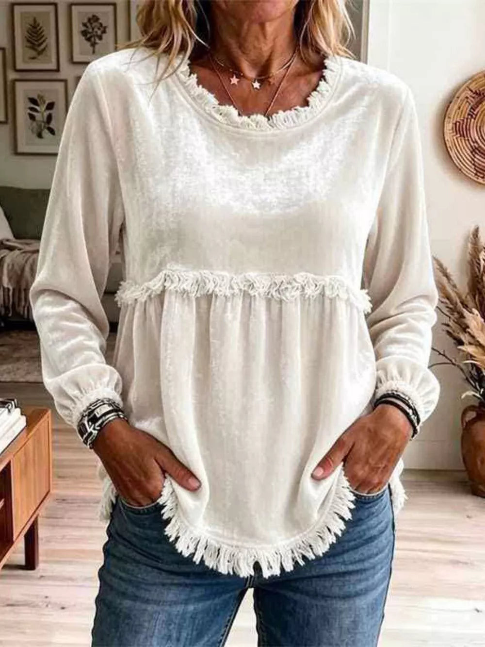 blouse in ivory featuring frill and relaxed fit
