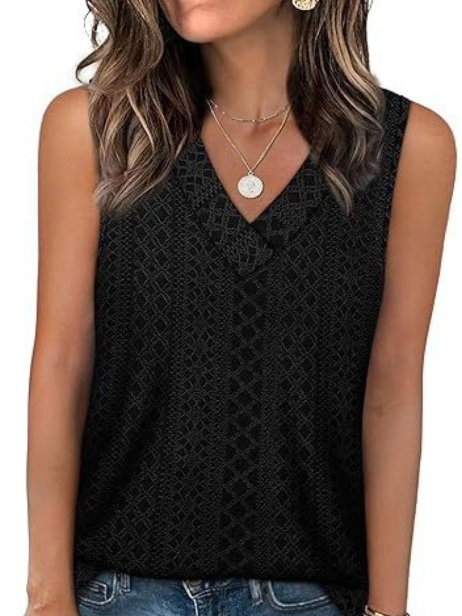 Black eyelet V-neck sleeveless tank top with a textured pattern.