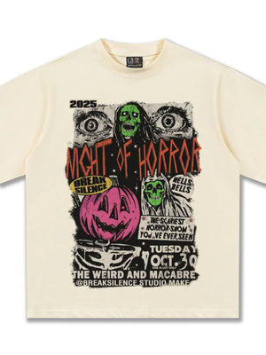 Vintage horror graphic t-shirt in pastel yellow with skulls, pumpkin, and text.