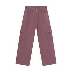 Oversized cargo denim trousers in Moonlit Mauve with large side pockets and a relaxed fit.