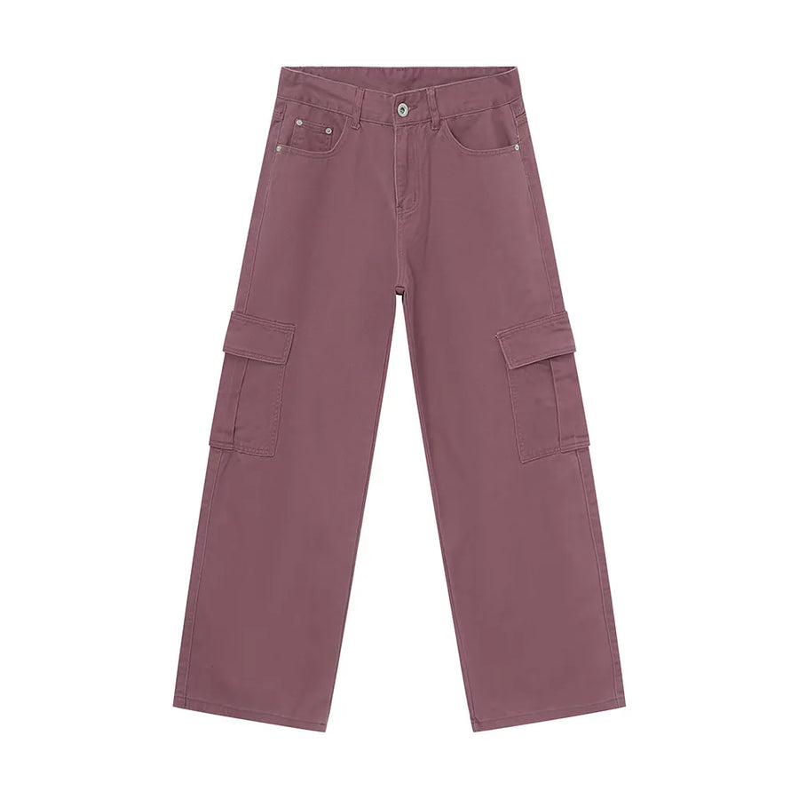 Oversized cargo denim trousers in Moonlit Mauve with large side pockets and a relaxed fit.