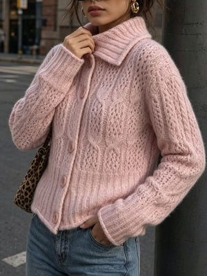 blush pink cardigan with cable knit and collared