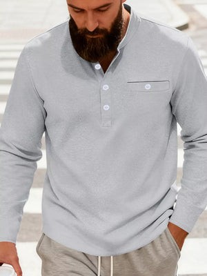 Light Gray long sleeve band collar overshirt with button detail and chest pocket.