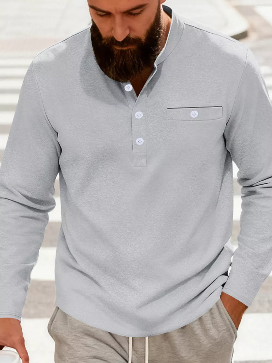 Light Gray long sleeve band collar overshirt with button detail and chest pocket.