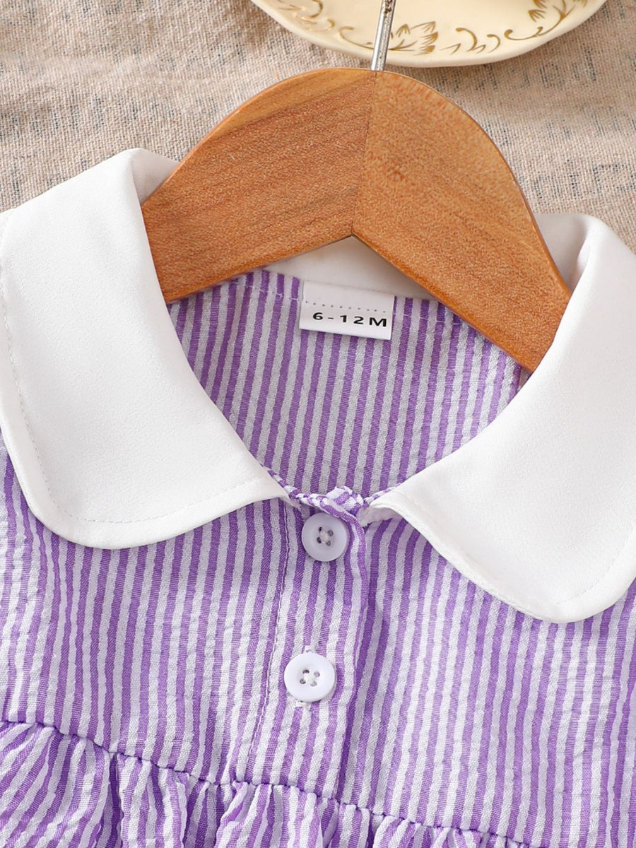 Children's purple and white striped cotton top with white Peter Pan collar and buttons.