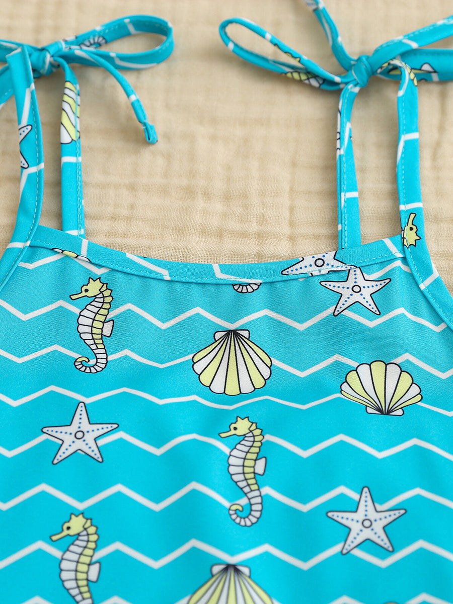 Toddler cami top with seahorse and seashell print, tie straps, blue cotton blend