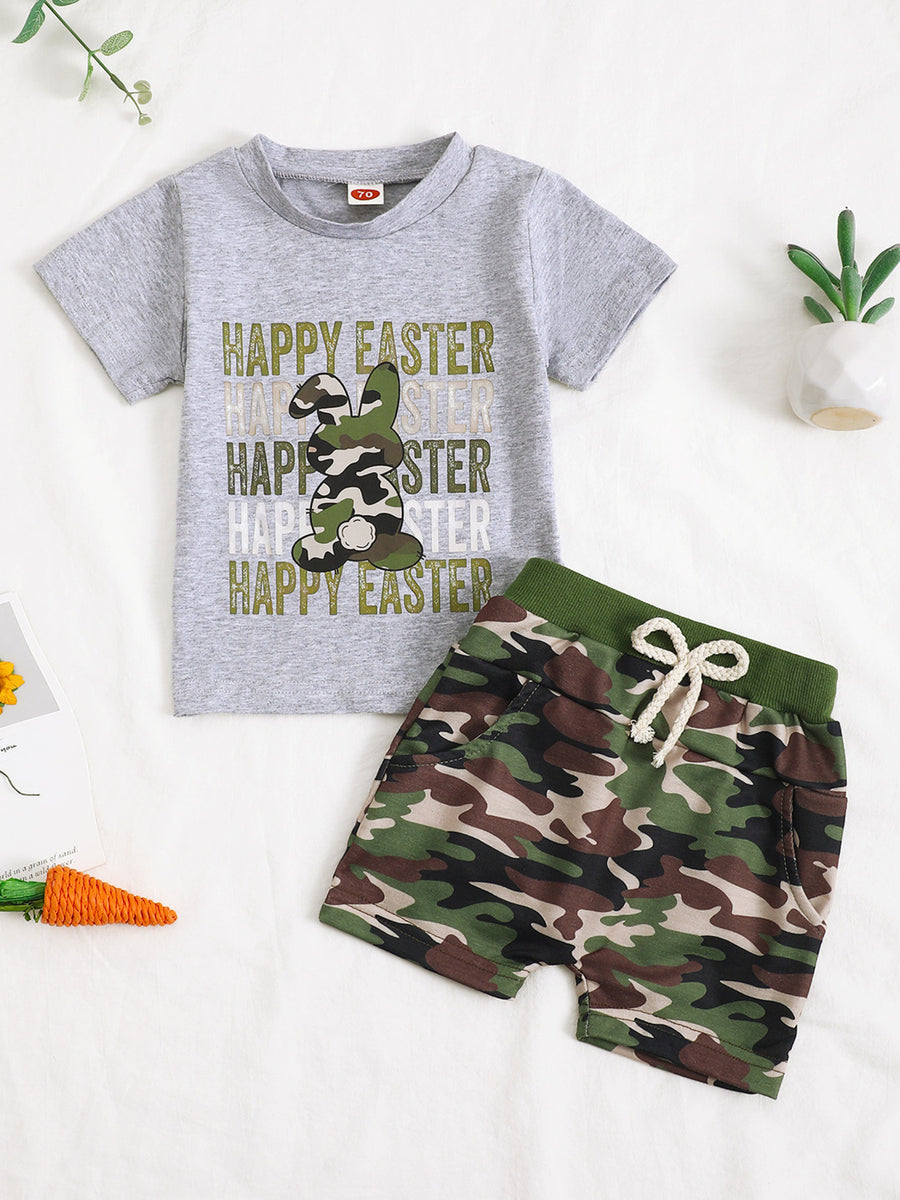 Baby Easter bunny camo t-shirt and shorts set in gray with camouflage print shorts.