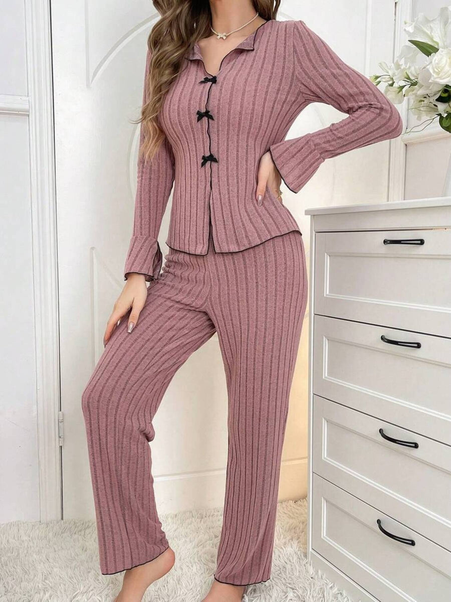 Black pajama set with tie and ribbed