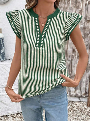 Green and white vertical stripe blouse with ruffle sleeves and V-neck