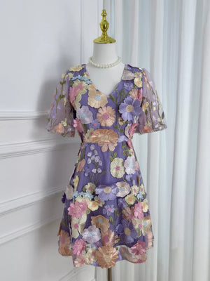 Purple floral embroidered short sleeve dress with V-neckline