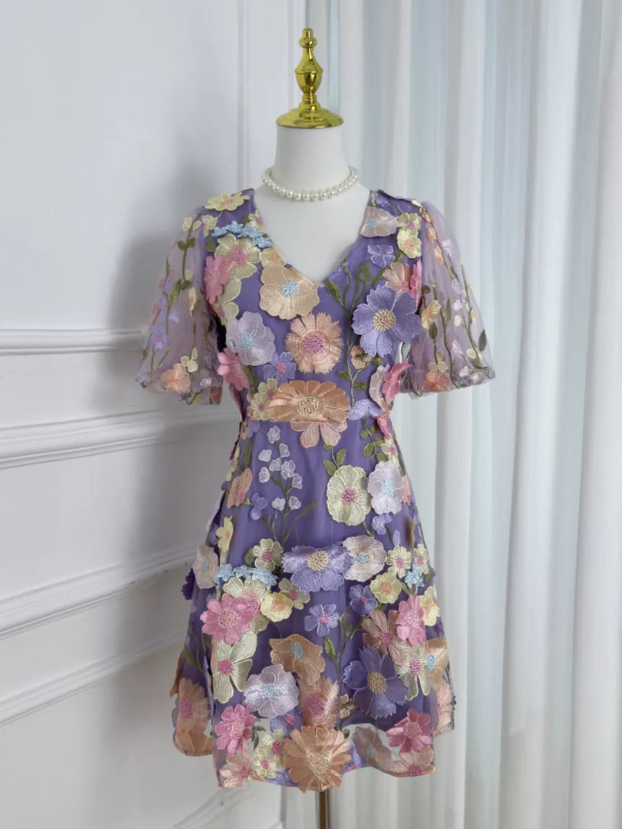 Purple floral embroidered short sleeve dress with V-neckline
