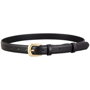 Black leather belt with a golden buckle and adjustable holes.