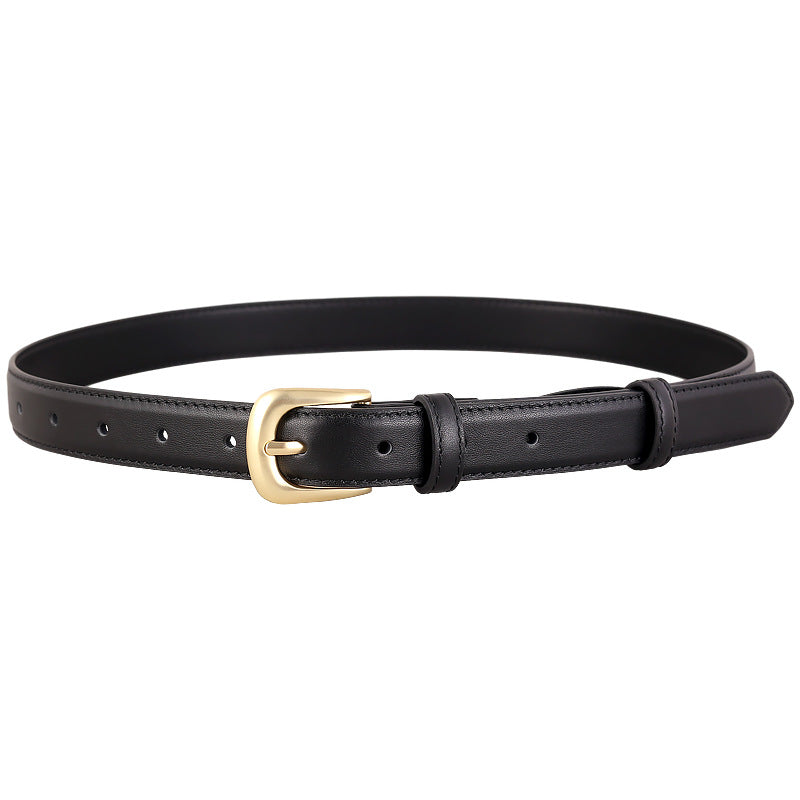 Black leather belt with a golden buckle and adjustable holes.