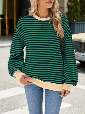 Striped crew neck sweatshirt in green and navy with cream trim and cuffs.
