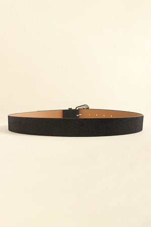 Black glitter belt with square buckle and tan interior.