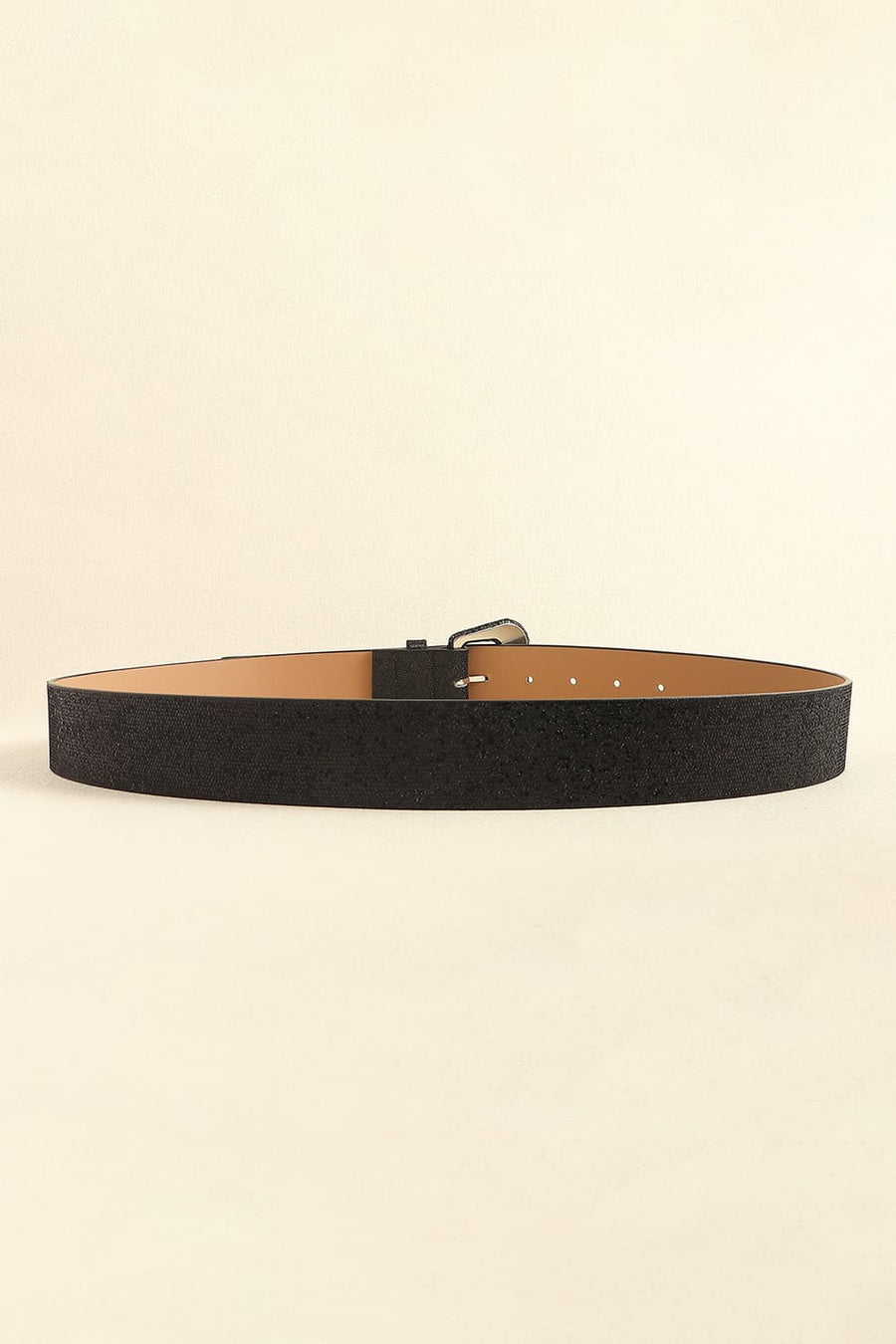 Black glitter belt with square buckle and tan interior.