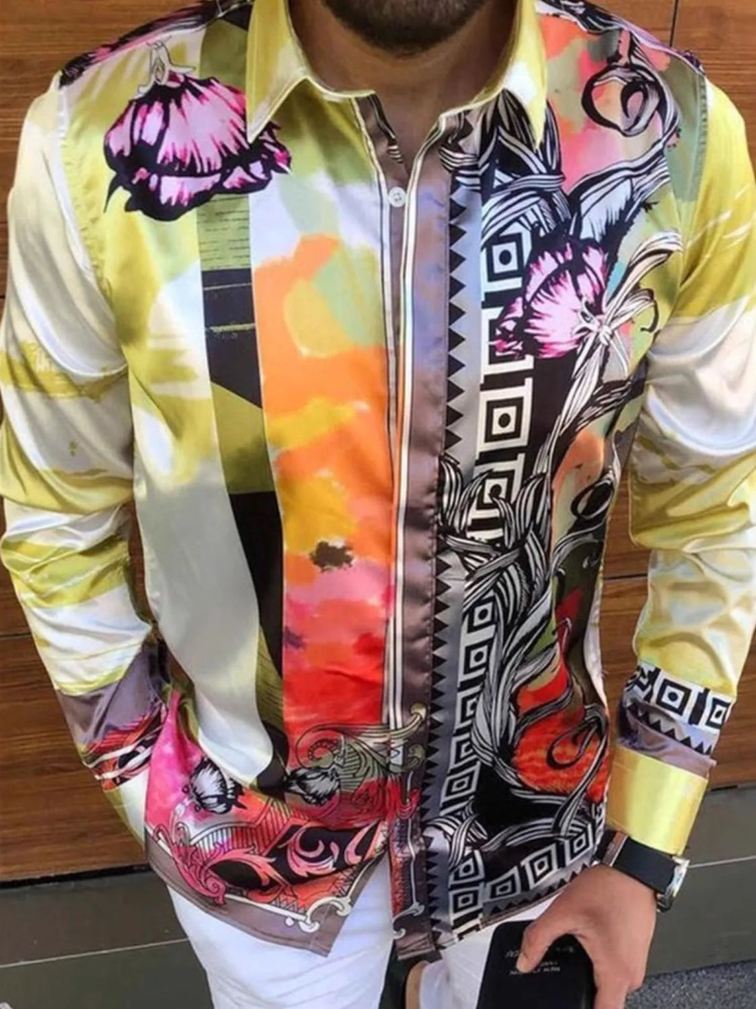 Artistic panel silk shirt in light yellow with bold floral and abstract prints.