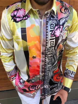Artistic panel silk shirt in light yellow with bold floral and abstract prints.