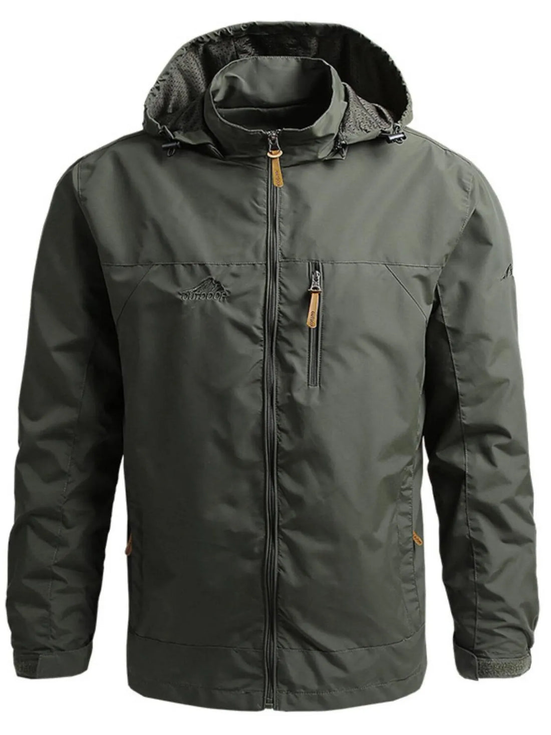 Plus-size green hooded windbreaker jacket with zip pockets and drawstring hood.