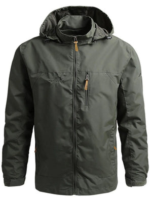 Plus-size green hooded windbreaker jacket with zip pockets and drawstring hood.