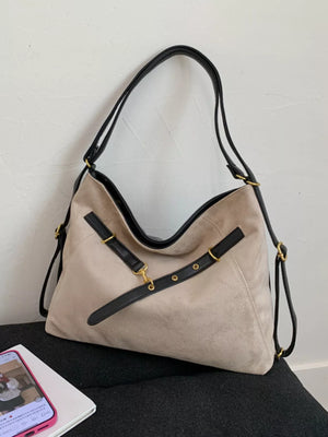 Chic Khaki hobo bag with adjustable straps and gold hardware detail.