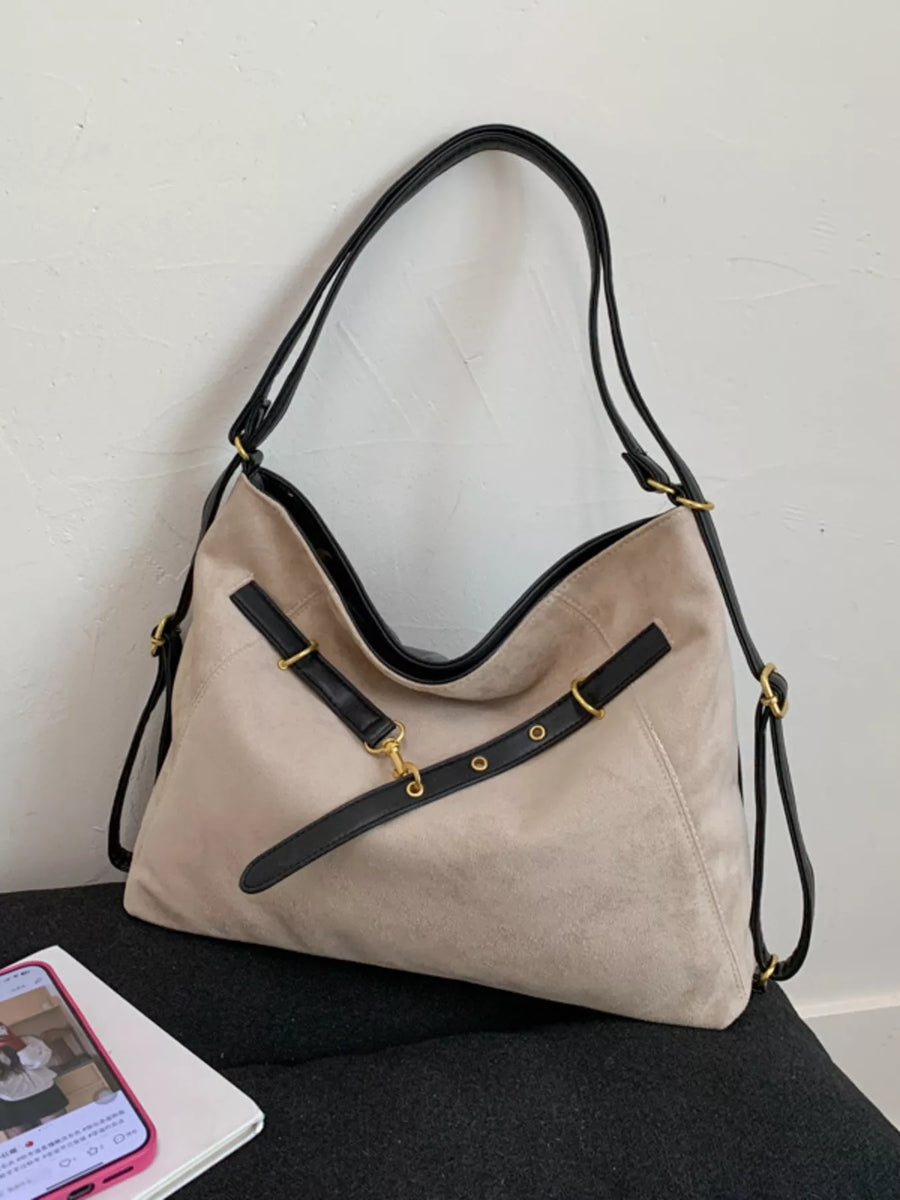 Chic Khaki hobo bag with adjustable straps and gold hardware detail.