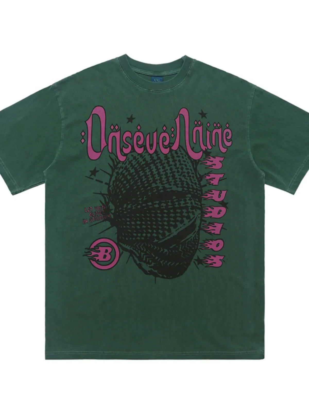 Green oversized graphic tee with a balaclava print and pink text.