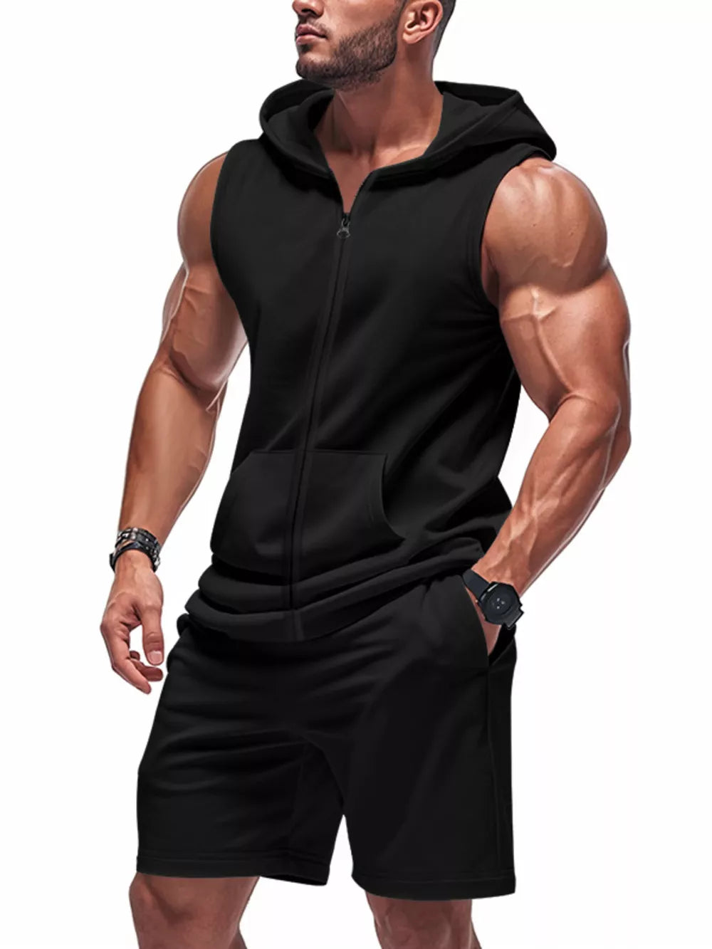 Black sleeveless zip-up hoodie with pockets and matching shorts.