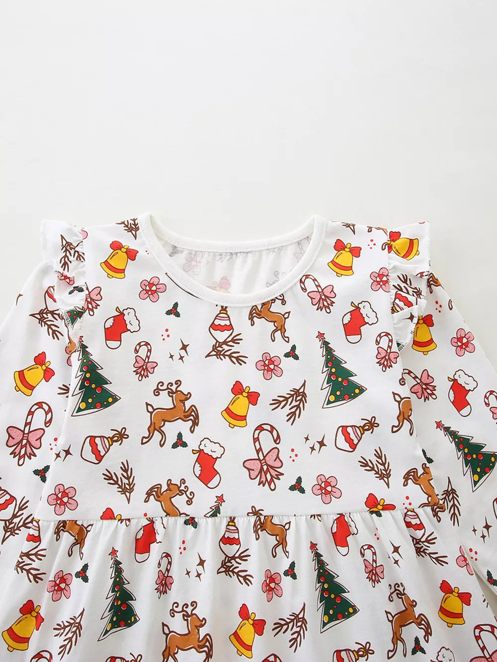 Toddler cotton dress with festive Christmas print, featuring reindeer, trees, bells, and candy canes.