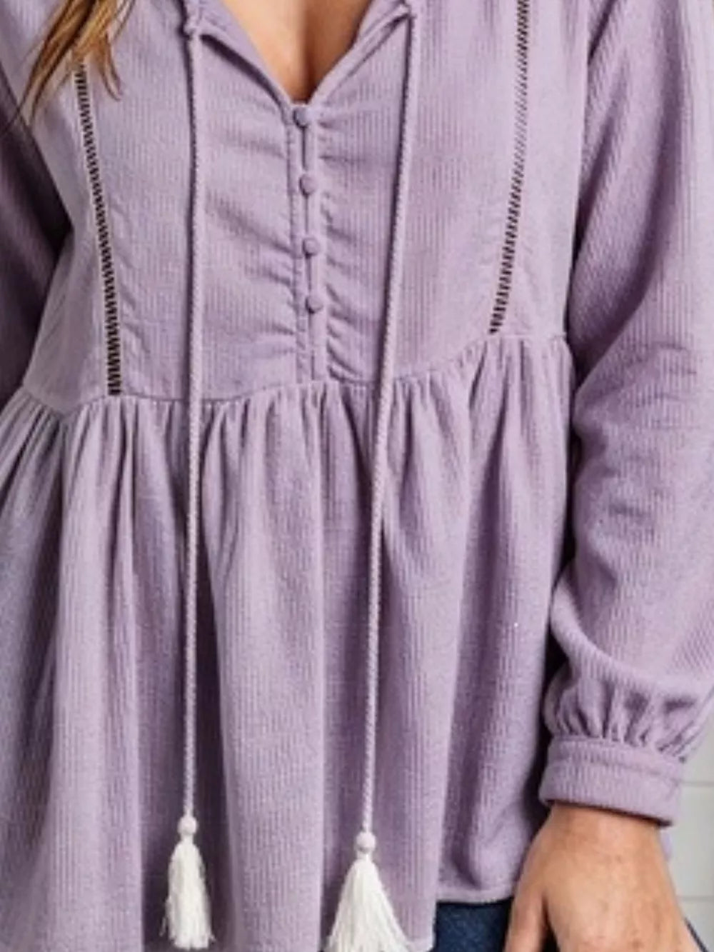Tassel Drawstring Long Sleeve Peplum Top in Khaki