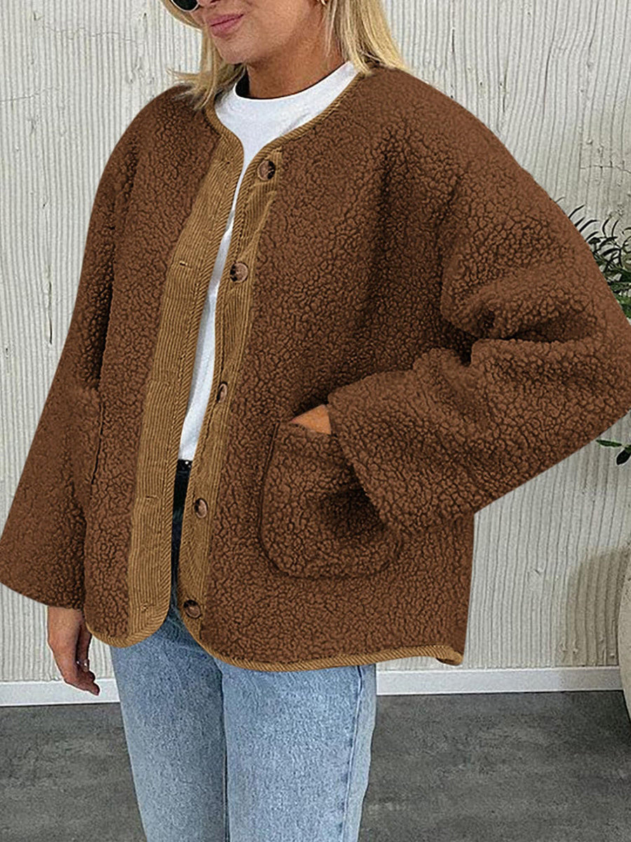 Brown teddy-texture button-up jacket with corduroy trim and pockets