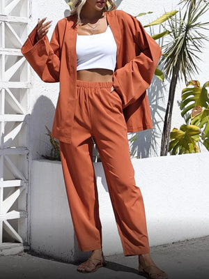 two-piece set in terracotta featuring pocketed and relaxed fit