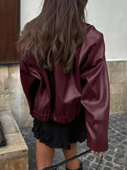 Faux Leather Zip Up Jacket in Brown with zipper