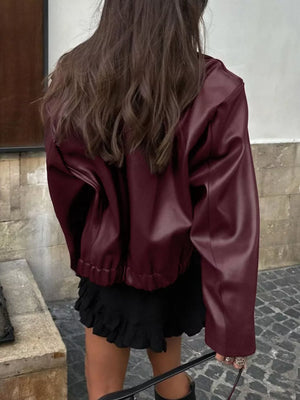 Faux Leather Zip Up Jacket in Brown with zipper