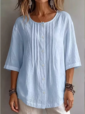 Sky Blue Full Size Texture Round Neck 3/4 Sleeve Blouse