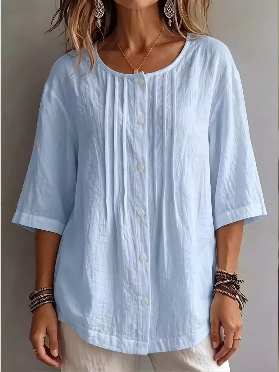 Sky Blue Full Size Texture Round Neck 3/4 Sleeve Blouse