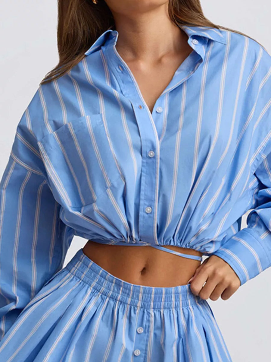 Blue striped cropped button-up shirt with tie waist and matching drawstring waist shorts