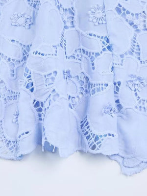 Sky blue lace midi dress with floral details and scalloped hem