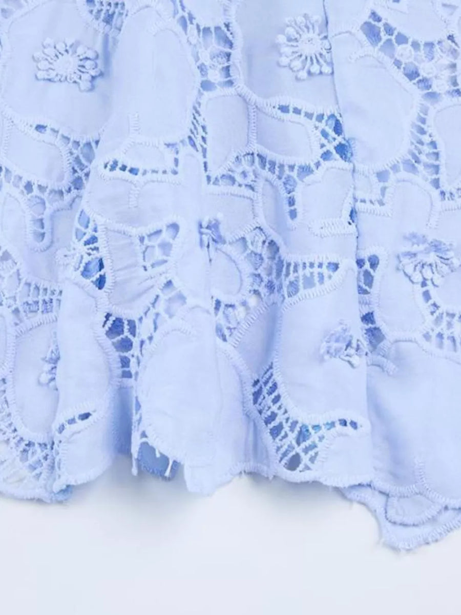 Sky blue lace midi dress with floral details and scalloped hem