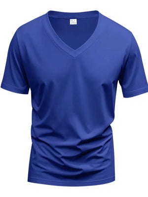 Royal blue V-neck t-shirt with short sleeves and a modern muscle fit.