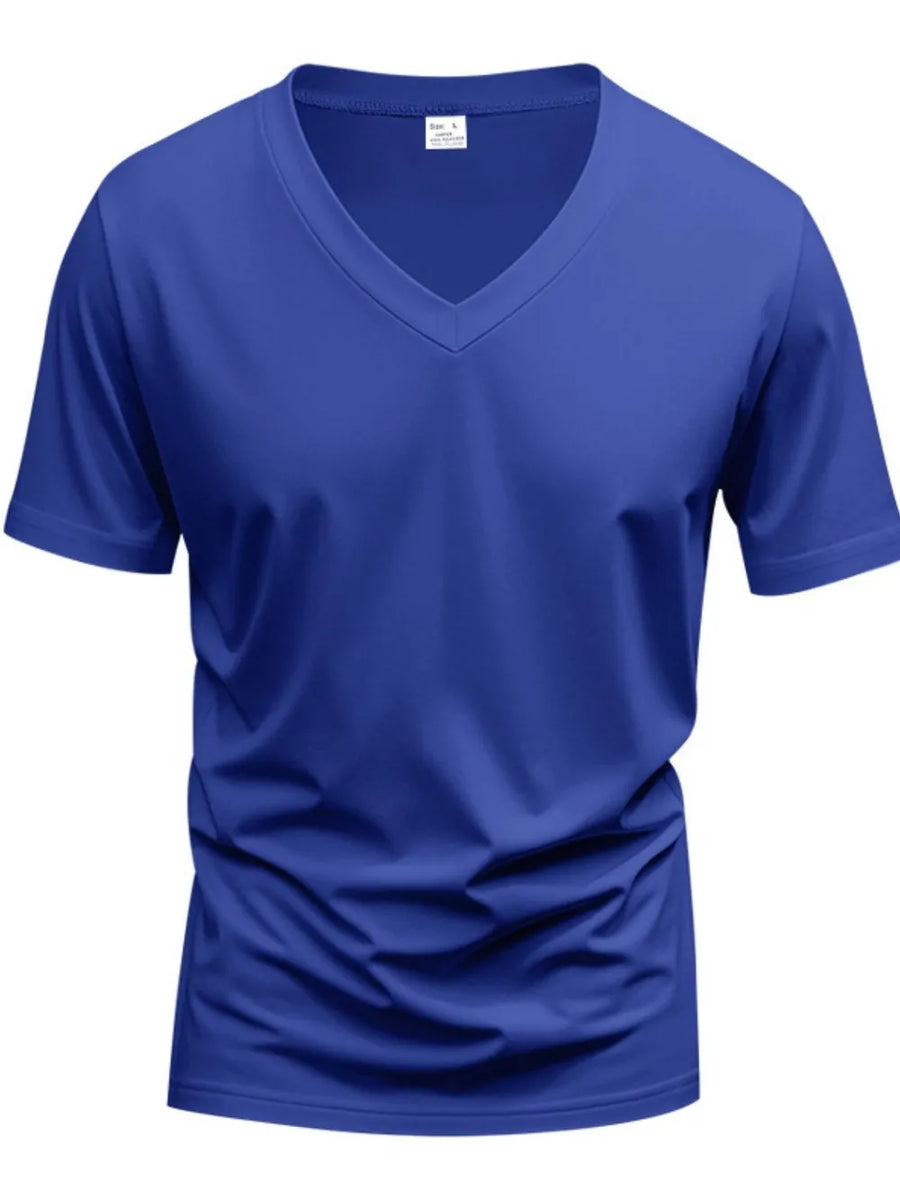 Royal blue V-neck t-shirt with short sleeves and a modern muscle fit.