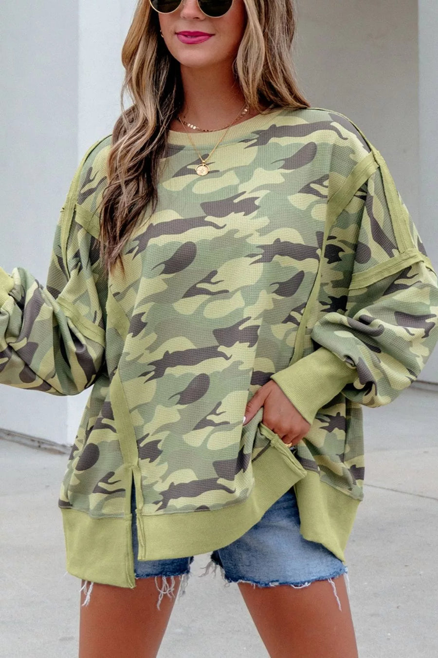 Camouflage Waffle Knit Oversized Sweatshirt option 7