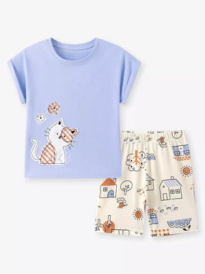 Children's light blue cat graphic t-shirt and cream house print shorts set.