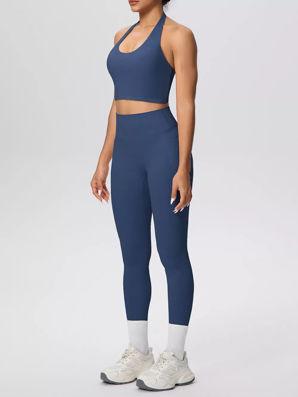 Halter Neck Crop Top And High-waisted Leggings Set in Brown