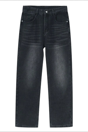 Relaxed fit dark gray denim jeans with a faded wash and straight leg.