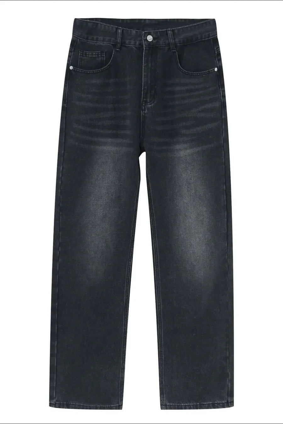 Relaxed fit dark gray denim jeans with a faded wash and straight leg.